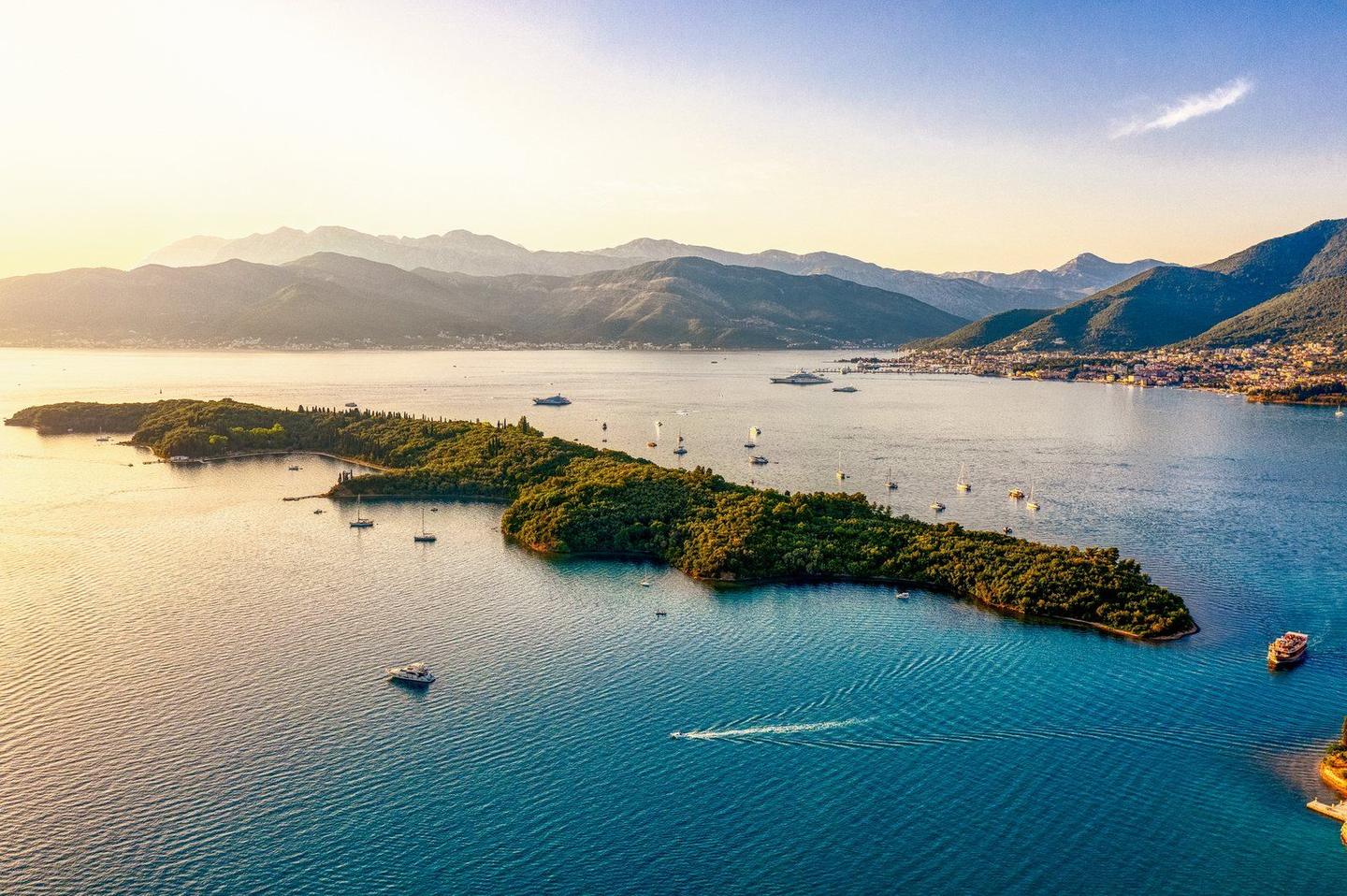 Boats anchored around Sveti Marko island, Bay of Kotor